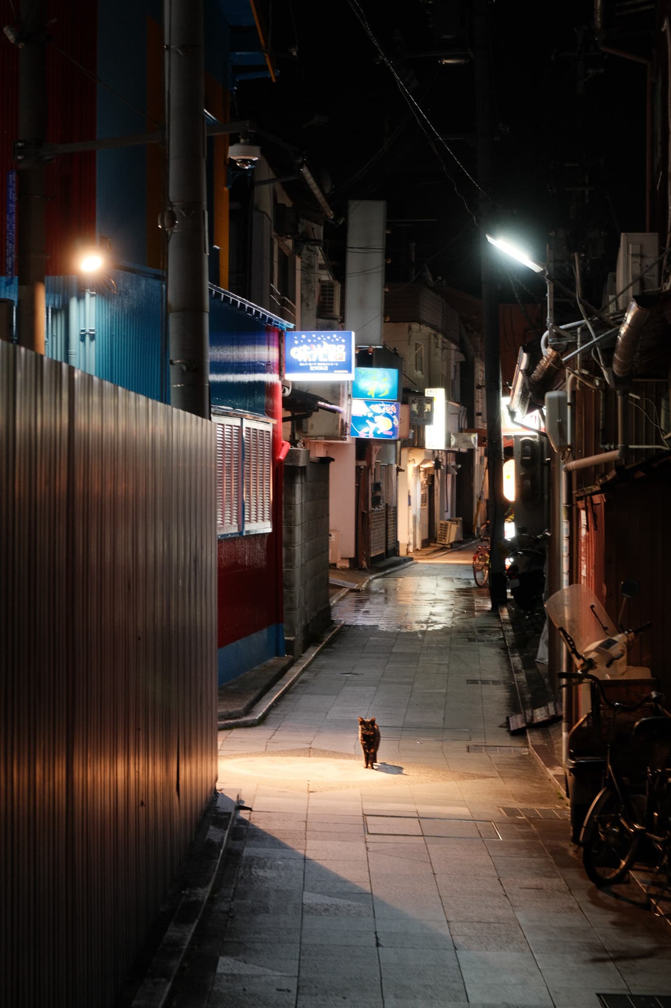 A narrow illuminated alley at night